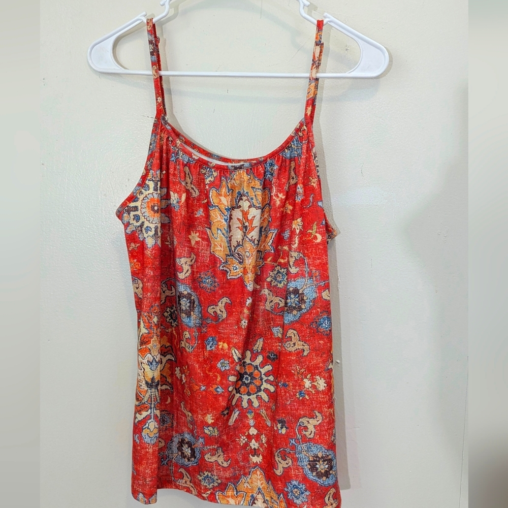 Orange and blue floral tank top, m, 17" pit to put, 19" back length